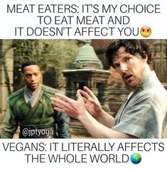 two men are talking to each other in front of an image with the words meat eaters it's my choice to eat meat and it doesn't effect you