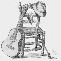 a drawing of a chair with a guitar and hat sitting on it's back