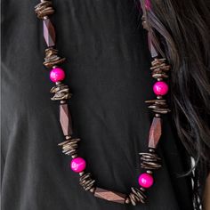 Wooden Dark Brown And Bright Pink Adjustable Necklace With Matching Fishhook Earrings. Adjustable Sliding Knot, Trendy Fringe, Sliding Knot Closure, Wooden Bead Necklaces, Nickel Free Jewelry, Wooden Necklace, Ball Necklace, Wood Necklace, Fish Hook Earrings