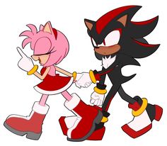 two cartoon characters, one in red and the other in black with white hair holding hands