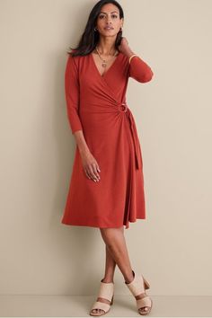 The wrap dress has been a style staple for years and it's no wonder  the lines are just so flattering. Our designers love the look and wanted to design something with our signature softness. This faux wrap is made from a ribbed stretch knit that's so comfy and forgiving. Adjust the wrap to your liking with the faux tortoise ring closure. 3/4 sleeves. Tortoise Ring, Flamboyant Gamine, Soft Surroundings Dresses, Pumpkin Patch Outfit, Red Ochre, Boho Fall, Mid Dresses, Soft Surroundings, Faux Wrap Dress