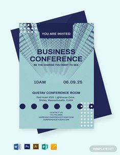 a blue and white business conference flyer