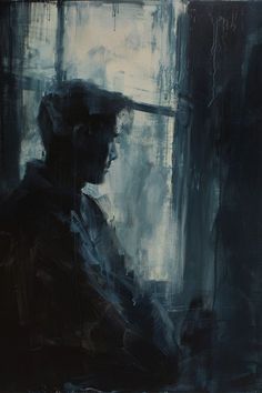 a painting of a man looking out the window