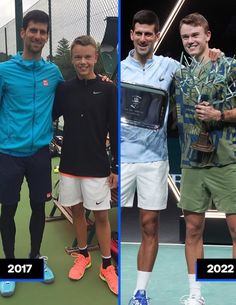 three men standing on a tennis court holding racquets and posing for pictures