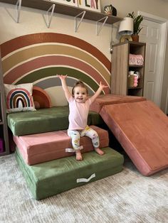 2nugget Couch Ideas, Nugget Stairs, Nugget Couch Ideas One Year Old, 2 Nugget Couch Builds Slide, Double Nugget Configurations, Nugget Playroom Ideas, Playroom With Nugget, Nugget Couch Playroom