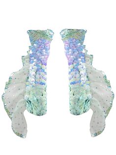 These mermaid gill gloves belong to our river mermaid spirit Sungai and are handmade with a stretch velvet base and adorned in different mint and blue mermaid scales and sequins. The sides of the gloves have a fabulous mint fishlike ruffle that has been beaded in shades of mint and holographic blue sequins. The underside of the gloves feature adjustable corset lacing, so they fit all sizes! One size fits all. Every piece we sell from Abyssia cleans 5kg of trash from the Indonesian Oceans and pla