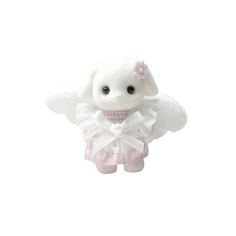 a small white stuffed animal with wings on it's back and pink dress around its neck