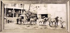 an old black and white photo of horses pulling a wagon in front of a building