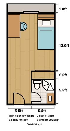 the floor plan for a small apartment with one bedroom and an attached bathroom, is shown