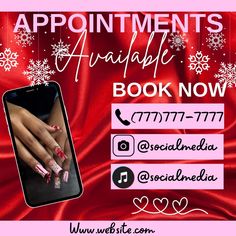 an advertisement for appointments with pink nails and snowflakes