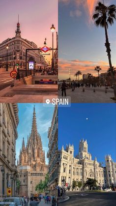 the three images show different architectural styles and colors, including palm trees in front of cathedrals