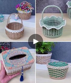 four pictures of baskets with flowers in them and one has a flower pot on it