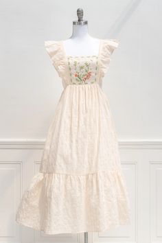 Feminine Style Dresses - The Saint-Émilion Pinafore Dress - French-Inspired Cottagecore Style – Amantine Feminine Style Dress, Embroidery Motif, Squirrel Girl, Skirt Details, Party Girl, French Countryside, Pinafore Dress, Tea Length