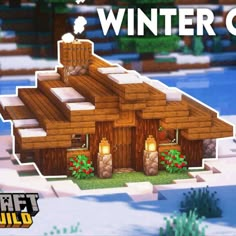 a house made out of wood with the words minecraft winter cottage in front of it