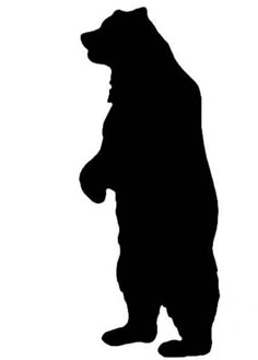 a black and white silhouette of a bear with its paw in the air while standing up