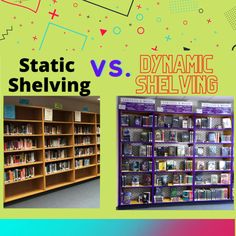 two different bookshelves with the words static and shelving in front of them