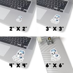 four different views of a skateboard with stickers on it's back side