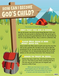 a sign that says how can i become god's child? with a backpack and tent in the background