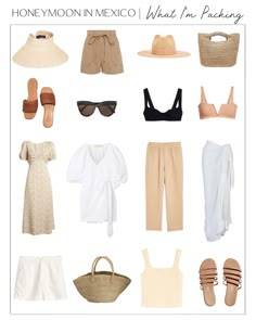 A photo collage showing vacation clothing to bring on a honeymoon to Mexico. Straw hat, straw visor, white wrap dress, floral printed maxi dress, white shorts, neutral slide sandals, a white sarong, tan linen pants, a black and nude bikini, tan shorts and a nude cami Gen Z Beach Outfits, Outfits For Mexico Vacation, Honeymoon In Mexico, Tulum Mexico Outfits, Mexico Outfits, Mexico Honeymoon