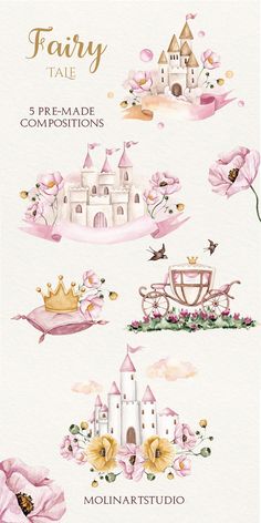 the fairy tale collection is shown in pink and white colors, with flowers on each side