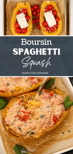 A spaghetti squash shell filled with shredded squash and a creamy tomato basil sauce.