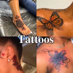 three different tattoos on the back of people's neck and behind them is an image of a butterfly