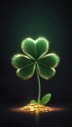 a four leaf clover with gold coins in the foreground, and a dark background