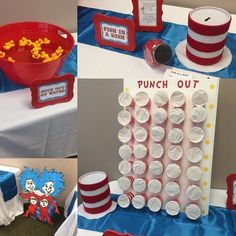 the dr seuss birthday party is set up with red and white striped hats, popcorn buckets, and cat in the hat decorations