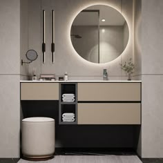 a bathroom with a round mirror above the sink