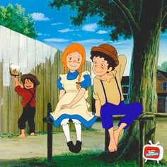 an animated image of three children sitting on a bench in front of a tree and fence