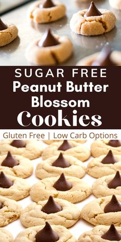 sugar free peanut butter blossom cookies on a baking sheet with text overlay that reads gluten free low carb options