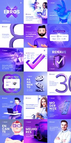 a bunch of different types of webpages with purple and blue designs on them