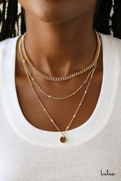 The Lulus Three-Way Tie Gold Necklace Set has won over our hearts! Shiny gold shapes this trendy layered necklace that's composed of three separate layers of varying chains. The longest chain holds a dainty circle charm to complete this cute trio! Lobster clasp closure. Shortest Chain Measures 14. 5" Long With A 2" Extender Chain. Longest Chain Measures 17. 5" Long With 3" Extender Chain. Man Made Materials. Imported. Lulus | Three-Way Tie Gold Necklace Set. Gold Bodies, Gold Necklace Set, Accessories Jewelry Necklace, Silver Gifts, Layered Necklace, Short Necklace, Stylish Gifts, Layered Necklaces, Body Types