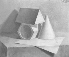 a pencil drawing of some shapes on top of a piece of paper and a cup