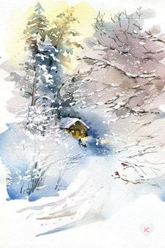 watercolor painting of trees in the snow