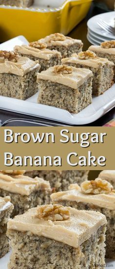 brown sugar banana cake on a white plate with the title above it and in the background