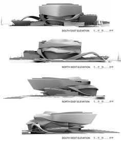 four different architectural diagrams showing the various sections of a building that is being constructed into one structure