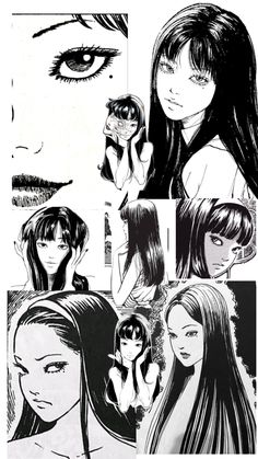 some black and white drawings of girls with long hair