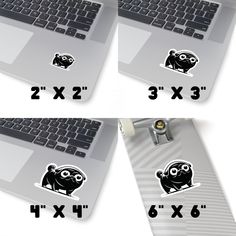 four different views of a laptop with stickers on it