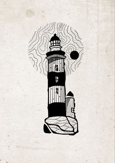 a black and white drawing of a lighthouse