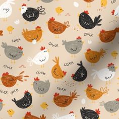 chickens and roosters on beige background with the words chicken written in black, red, orange