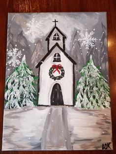 a painting of a church with wreaths on the front and trees in the background