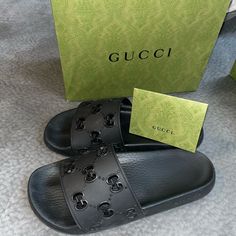 Gucci Rubber Slides, Size 8. Lightly Worn. In Great Condition. Purchased A Size Too Small And Was Unable To Return Due To It Being Past The Two Weeks From Purchase Date. Gucci Box/Bag/Original Receipt Provided. Original Cost $408. Gucci North Face Slides, Black Gucci Slides, Gucci Box, Gucci Slides, Gucci Sandals, Shoe Gallery, Slides Shoes, Box Bag, Gucci Black