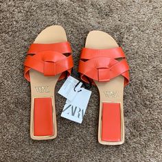 Zara | Nwt Orange Leather Sandals | Size: 36 (5.5) | Color: Orange | Fits A Size 5.5 - 6 | Stylish Sandals For The Summer | Fun Color | In Excellent Condition Orange Leather Sandals For Summer, Summer Leather Closed Toe Mules, Leather Flat Heel Summer Sandals, Leather Sandals With Low Heel For Vacation, Chic Orange Flat Sandals, Chic Flat Orange Sandals, Zara Flat Heel Mules For Spring, Summer Leather Mules With Flat Heel, Zara Spring Slip-on Mules