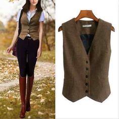 Great Shopping Women Vest V-Neck 5 Buttons Slim Fit Wool Blend Work Wear Two Pockets Waistcoat, Womens Coats Jackets Waistcoat Outfit, Vest Outfits For Women, Tweed Waistcoat, Looks Jeans, Vintage Boho Dress, Outer Women, Herringbone Tweed, Casual Vest, Book Things