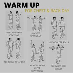 the instructions to warm up for chest and back day, including exercises on how to do it