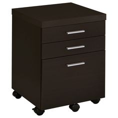 a black filing cabinet with three drawers on wheels