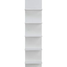 a white book shelf with four shelves on each side and one in the middle, against a white background