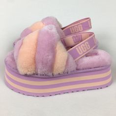 Brand New Ugg Disco Stripe Platform Slide Sandals Lamb Fur Women’s Size 7 Or 8 Cute Uggs, Striped Slippers, Platform Slide Sandals, Fluffy Shoes, Ugg Sandals, Pink Slides, Shoes Ugg, Platform Wedge Heels, Ugg Slippers