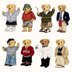 a group of teddy bears standing next to each other on a white background with words written below them